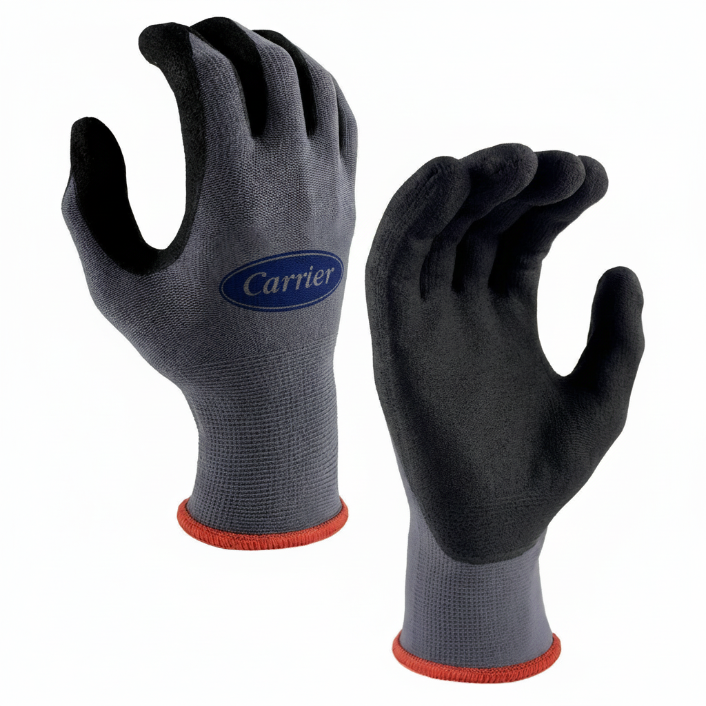 Custom branded nitrile glove with Carrier HVAC logo